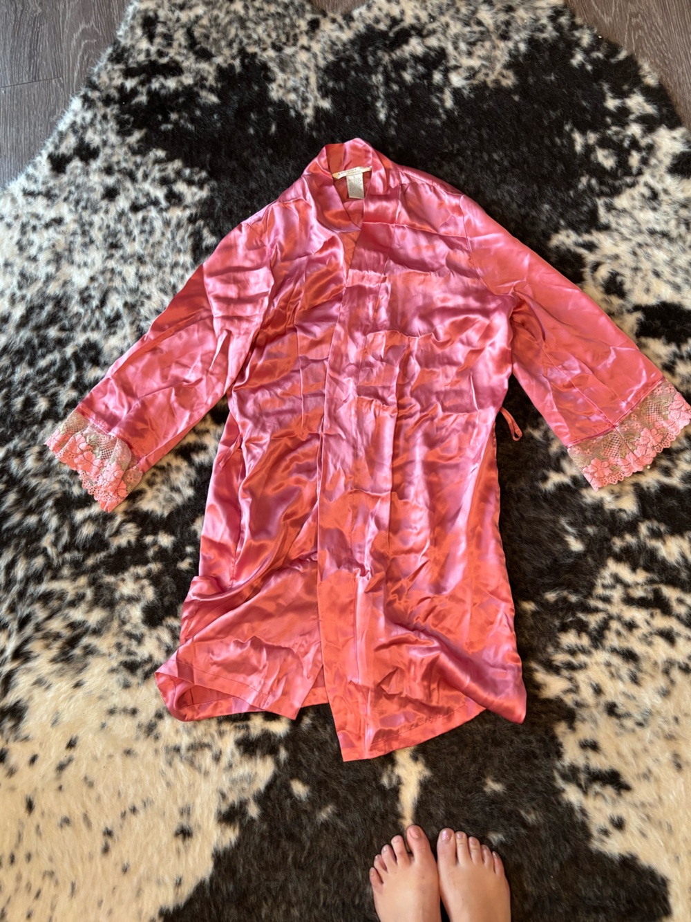 august silk Pink Satin Girls Robe with Lace Cuffs